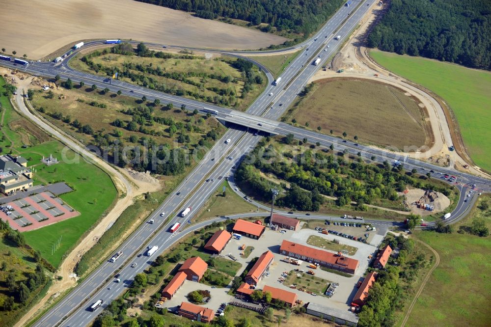 Aerial photograph Rangsdorf - Bauarbeiten an der Autobahnanschlussstelle Rangsdorf der Autobahn A 10 im Bundesland Brandenburg. Ein Projekt dsr Landesbetrieb Straßenwesen.// Construction site at the motorway junction Rangsdorf of the freeway in the state Brandenburg.