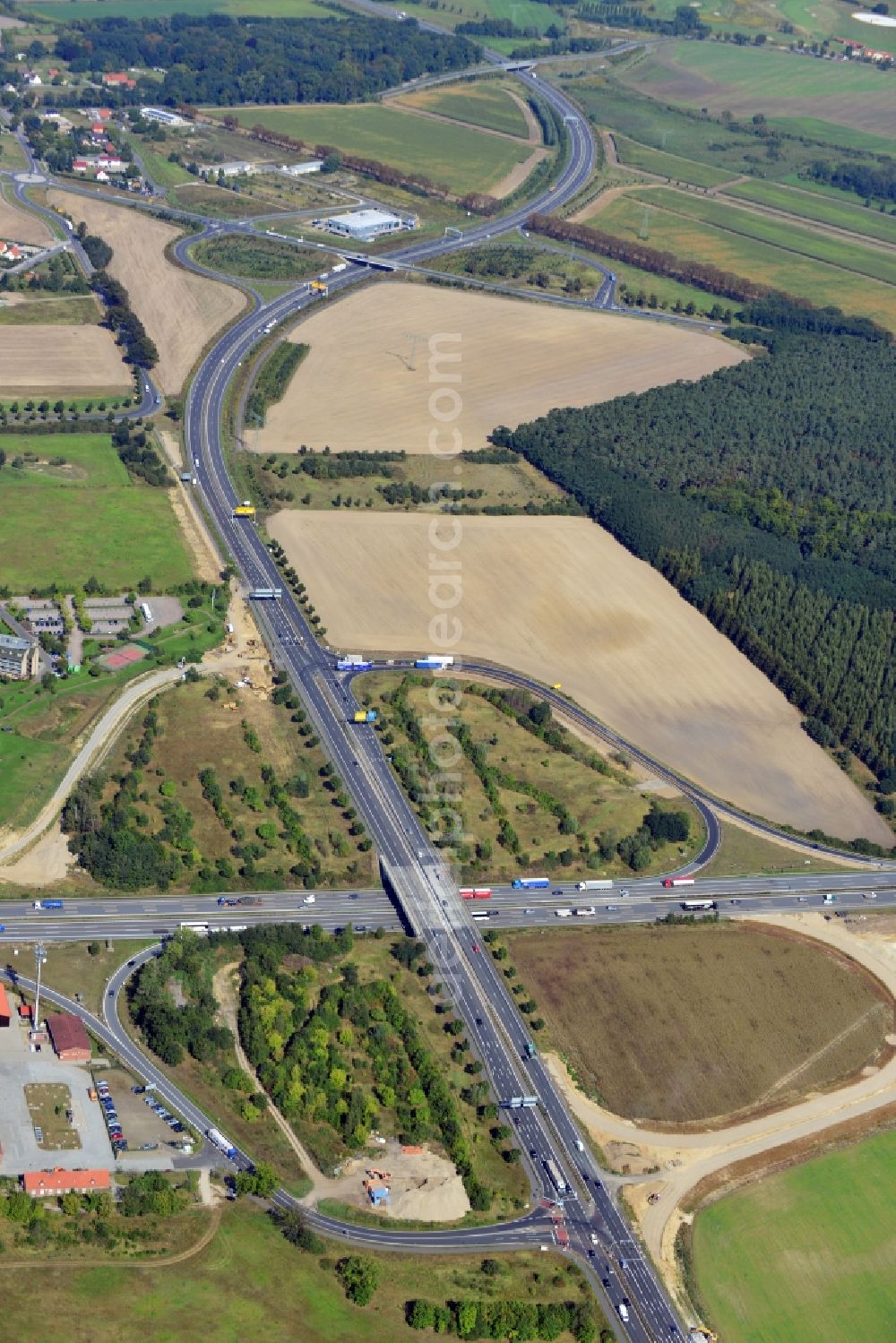 Rangsdorf from the bird's eye view: Bauarbeiten an der Autobahnanschlussstelle Rangsdorf der Autobahn A 10 im Bundesland Brandenburg. Ein Projekt dsr Landesbetrieb Straßenwesen.// Construction site at the motorway junction Rangsdorf of the freeway in the state Brandenburg.