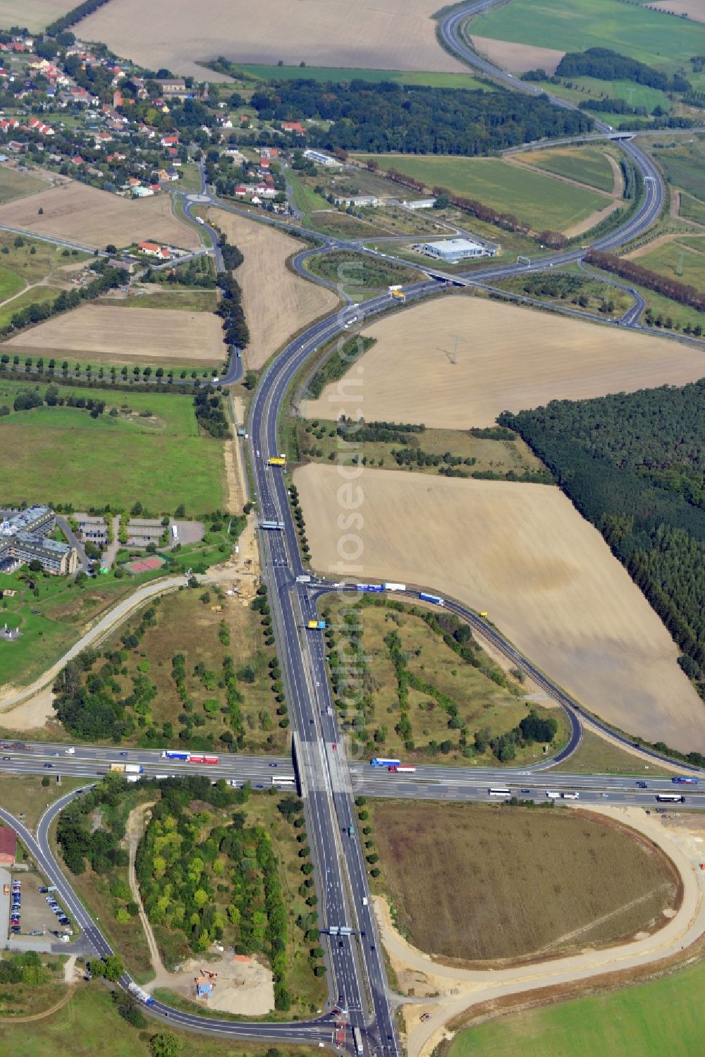 Aerial image Rangsdorf - Bauarbeiten an der Autobahnanschlussstelle Rangsdorf der Autobahn A 10 im Bundesland Brandenburg. Ein Projekt dsr Landesbetrieb Straßenwesen.// Construction site at the motorway junction Rangsdorf of the freeway in the state Brandenburg.