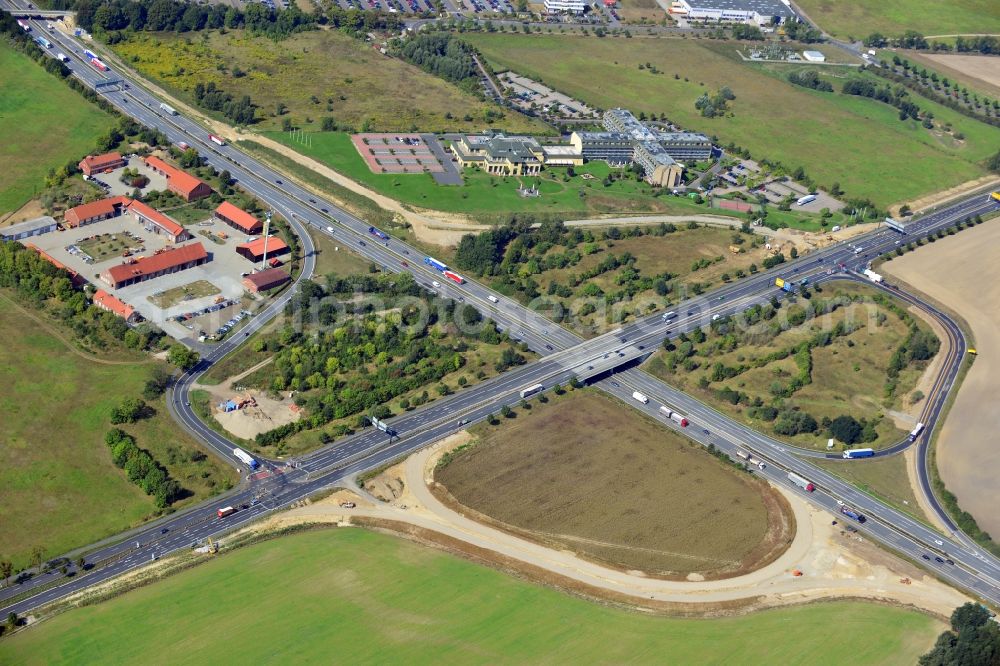 Rangsdorf from above - Bauarbeiten an der Autobahnanschlussstelle Rangsdorf der Autobahn A 10 im Bundesland Brandenburg. Ein Projekt dsr Landesbetrieb Straßenwesen.// Construction site at the motorway junction Rangsdorf of the freeway in the state Brandenburg.