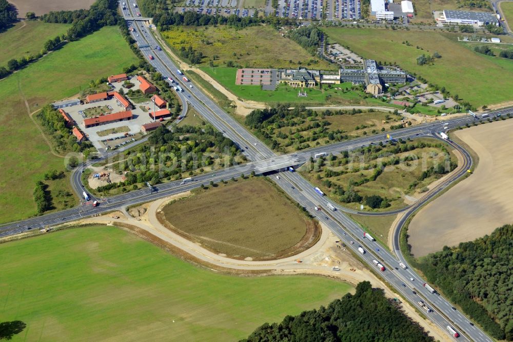 Rangsdorf from the bird's eye view: Bauarbeiten an der Autobahnanschlussstelle Rangsdorf der Autobahn A 10 im Bundesland Brandenburg. Ein Projekt dsr Landesbetrieb Straßenwesen.// Construction site at the motorway junction Rangsdorf of the freeway in the state Brandenburg.