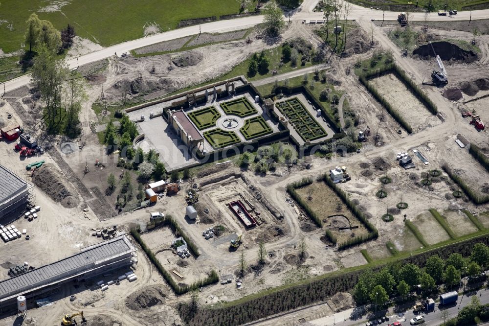 Berlin from above - Construction works around the Italian Garden in the Gaerten der Welt park on the premises of the IGA 2017 in the district of Marzahn-Hellersdorf in Berlin. The heart of the International garden exibition will be the Gaerten der Welt - area