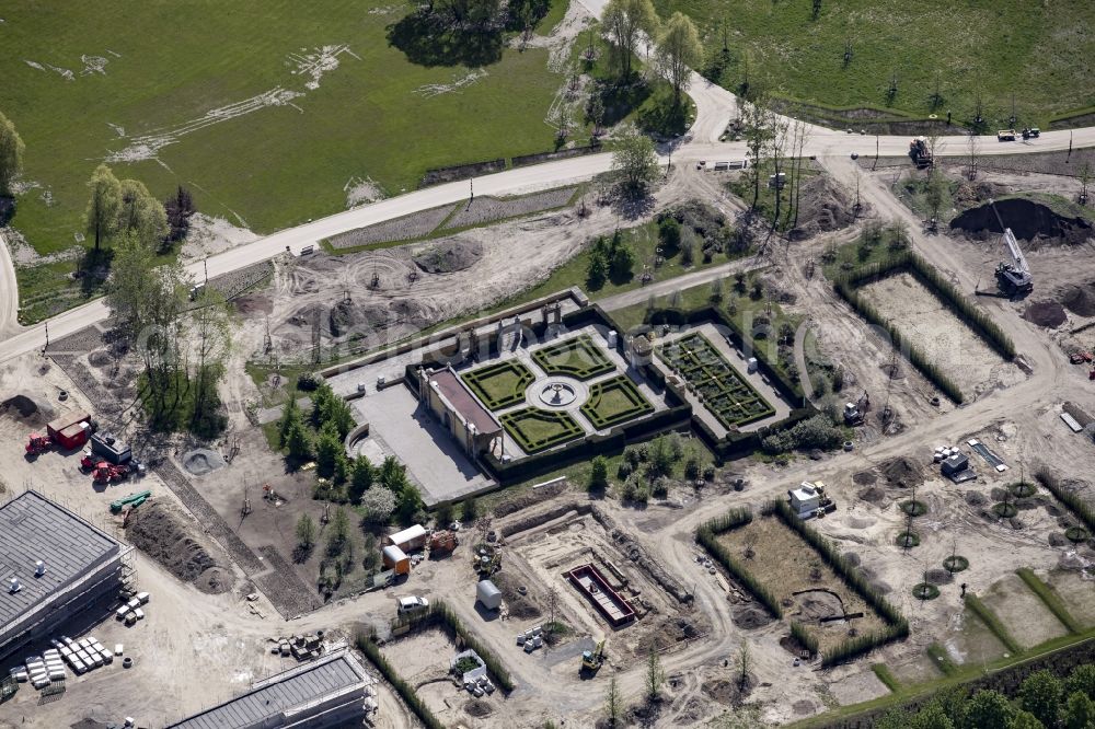 Berlin from the bird's eye view: Construction works around the Italian Garden in the Gaerten der Welt park on the premises of the IGA 2017 in the district of Marzahn-Hellersdorf in Berlin. The heart of the International garden exibition will be the Gaerten der Welt - area