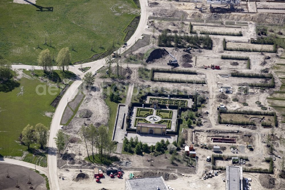 Aerial image Berlin - Construction works around the Italian Garden in the Gaerten der Welt park on the premises of the IGA 2017 in the district of Marzahn-Hellersdorf in Berlin. The heart of the International garden exibition will be the Gaerten der Welt - area