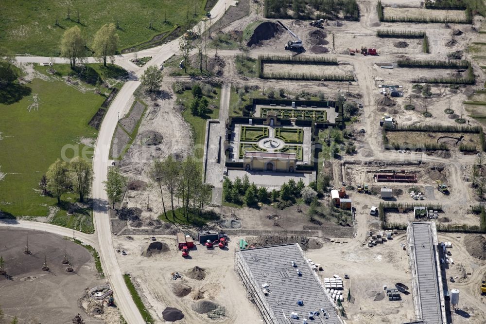 Aerial photograph Berlin - Construction works around the Italian Garden in the Gaerten der Welt park on the premises of the IGA 2017 in the district of Marzahn-Hellersdorf in Berlin. The heart of the International garden exibition will be the Gaerten der Welt - area