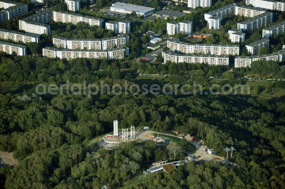 Aerial image Berlin - Construction work at the visitor platform Wolkenhain on Kienberg on the grounds of the IGA 2017 in the district of Marzahn-Hellersdorf in Berlin