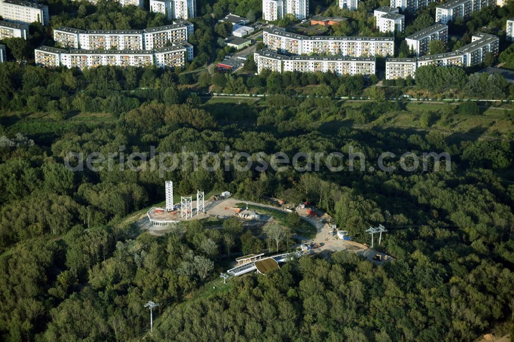 Aerial photograph Berlin - Construction work at the visitor platform Wolkenhain on Kienberg on the grounds of the IGA 2017 in the district of Marzahn-Hellersdorf in Berlin