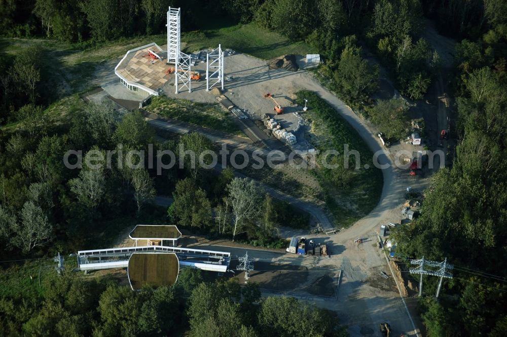 Berlin from above - Construction work at the visitor platform Wolkenhain on Kienberg on the grounds of the IGA 2017 in the district of Marzahn-Hellersdorf in Berlin