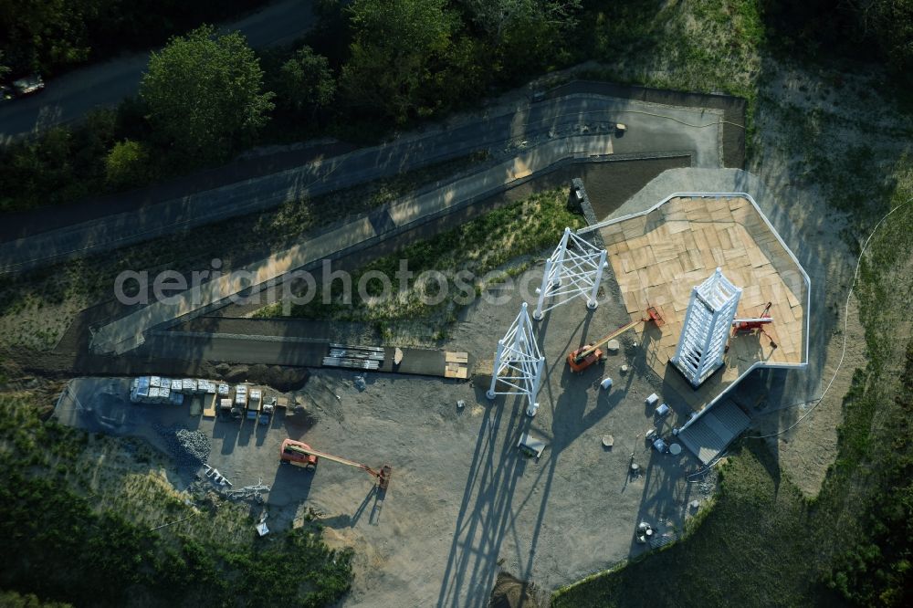 Berlin from above - Construction work at the visitor platform Wolkenhain on Kienberg on the grounds of the IGA 2017 in the district of Marzahn-Hellersdorf in Berlin