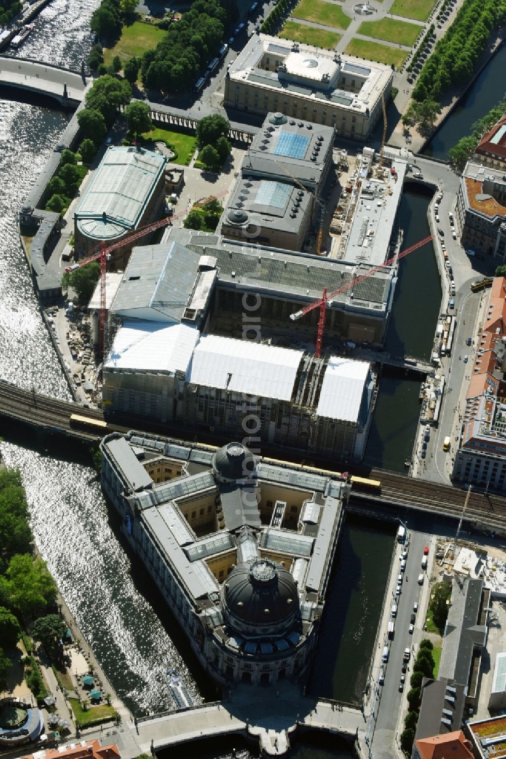 Aerial image Berlin - Museum Island with the Bode Museum, the Pergamon Museum, the Old National Gallery, the Colonnades and the New Museum. The complex is a World Heritage site by UNESCO