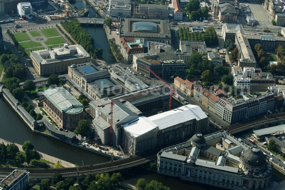 Aerial photograph Berlin - Museum Island with the Bode Museum, the Pergamon Museum, the Old National Gallery, the Colonnades and the New Museum. The complex is a World Heritage site by UNESCO