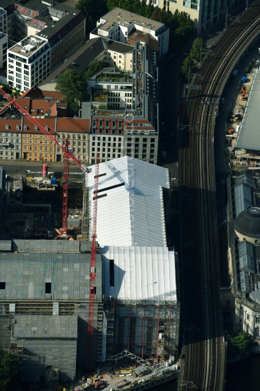 Berlin from above - Museum Island with the Bode Museum, the Pergamon Museum, the Old National Gallery, the Colonnades and the New Museum. The complex is a World Heritage site by UNESCO