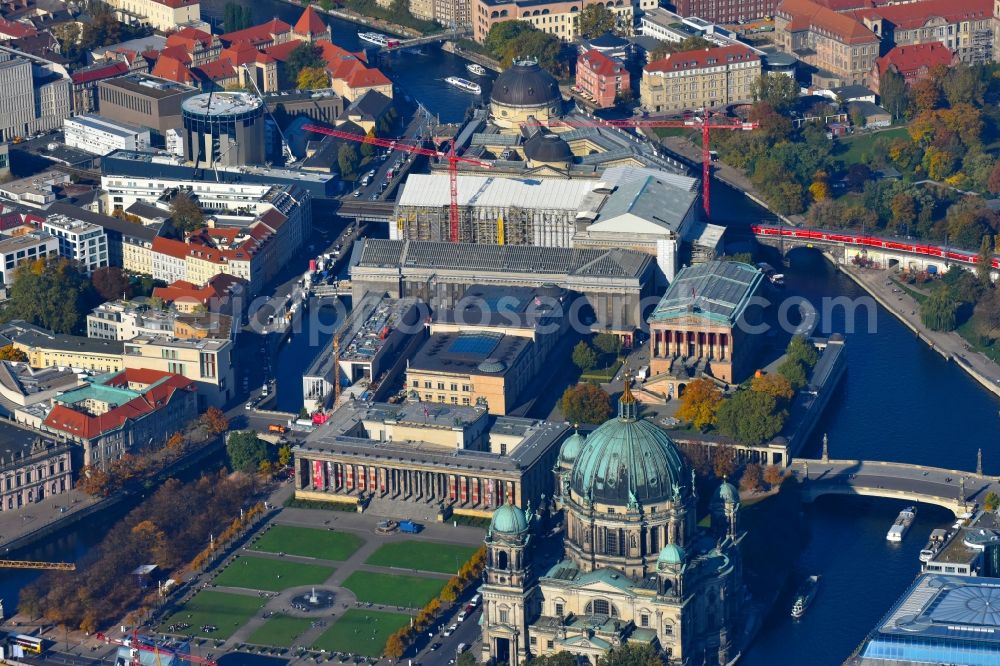 Aerial image Berlin - Museum Island with the Bode Museum, the Pergamon Museum, the Old National Gallery, the Colonnades and the New Museum. The complex is a World Heritage site by UNESCO