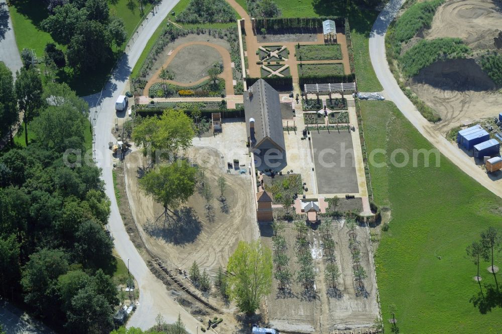 Aerial photograph Berlin - Construction works at the English Garden on the site of IGA 2017 in the district of Marzahn-Hellersdorf in Berlin. The heart of the International garden exibition will be the Gaerten der Welt - Gardens of the World