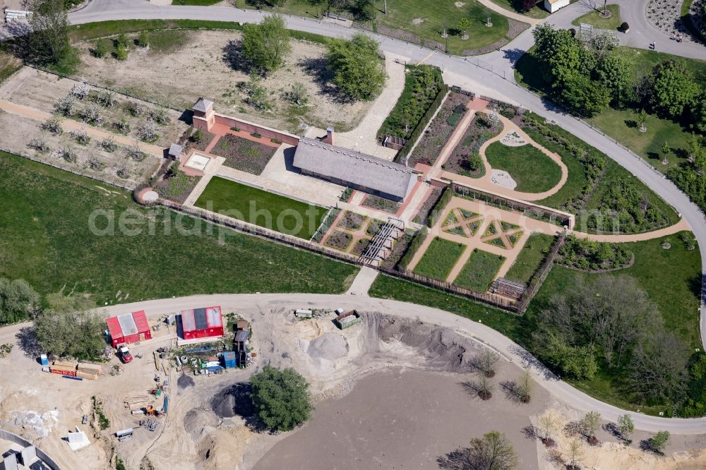 Berlin from the bird's eye view: Construction works and rose garden in the Gaerten der Welt park on the premises of the IGA 2017 in the district of Marzahn-Hellersdorf in Berlin. The heart of the International garden exibition will be the Gaerten der Welt - area