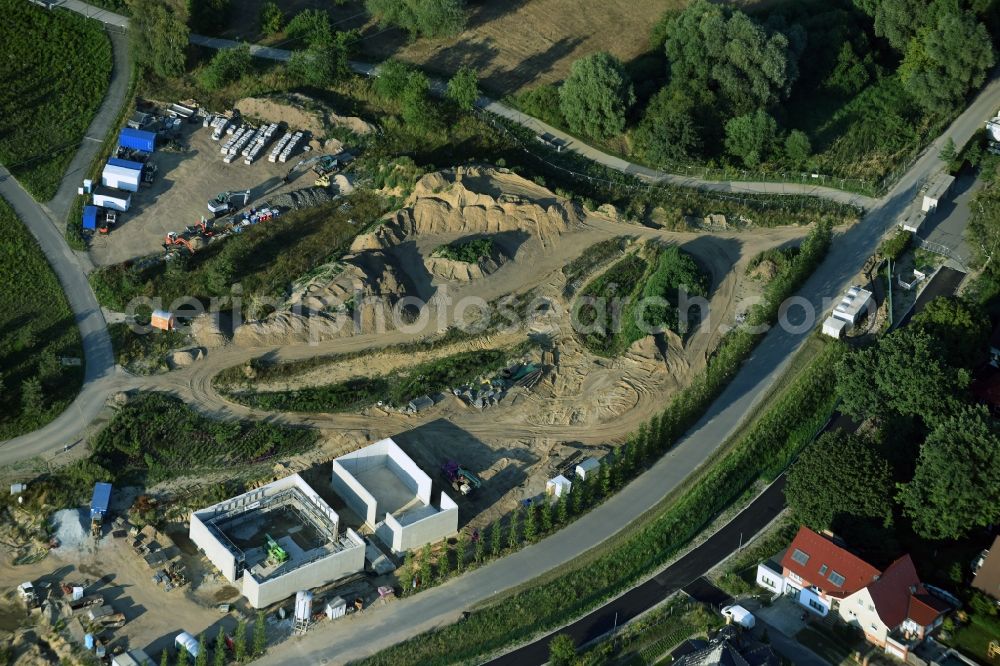 Berlin from above - Construction works on the premises of the IGA 2017 in the district of Marzahn-Hellersdorf in Berlin, Germany. The station and stop is part of a panoramic cable car route connecting the western and eastern entrance of the IGA garden show premises
