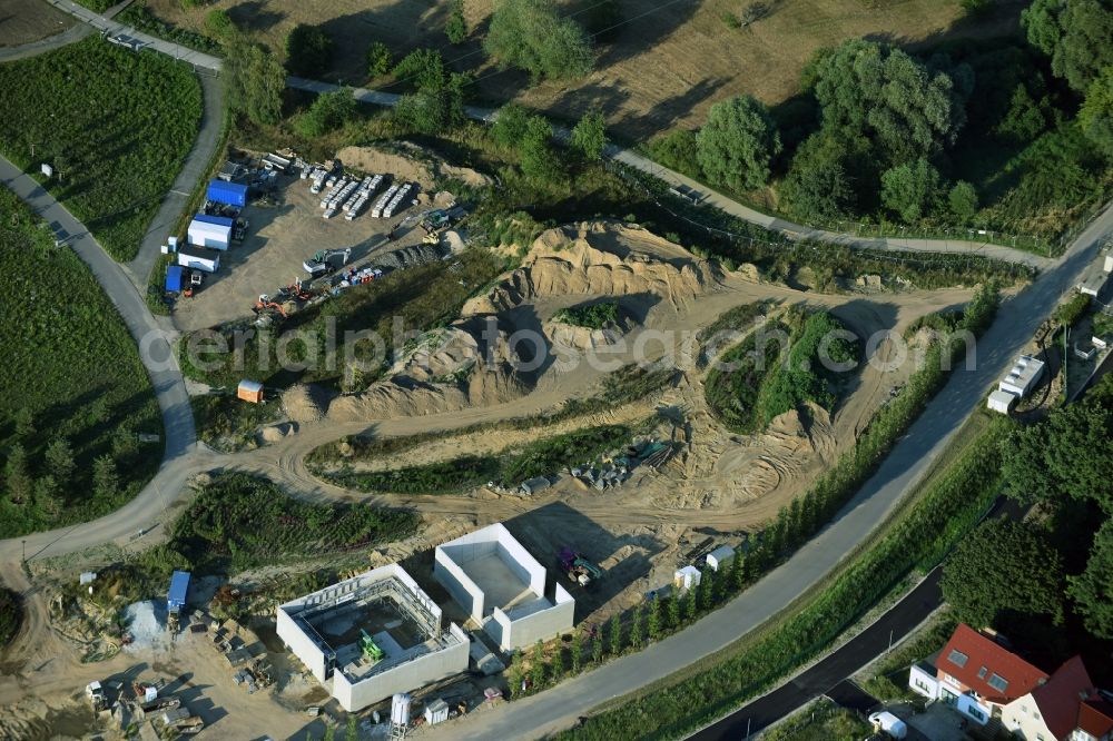 Berlin from the bird's eye view: Construction works on the premises of the IGA 2017 in the district of Marzahn-Hellersdorf in Berlin, Germany. The station and stop is part of a panoramic cable car route connecting the western and eastern entrance of the IGA garden show premises