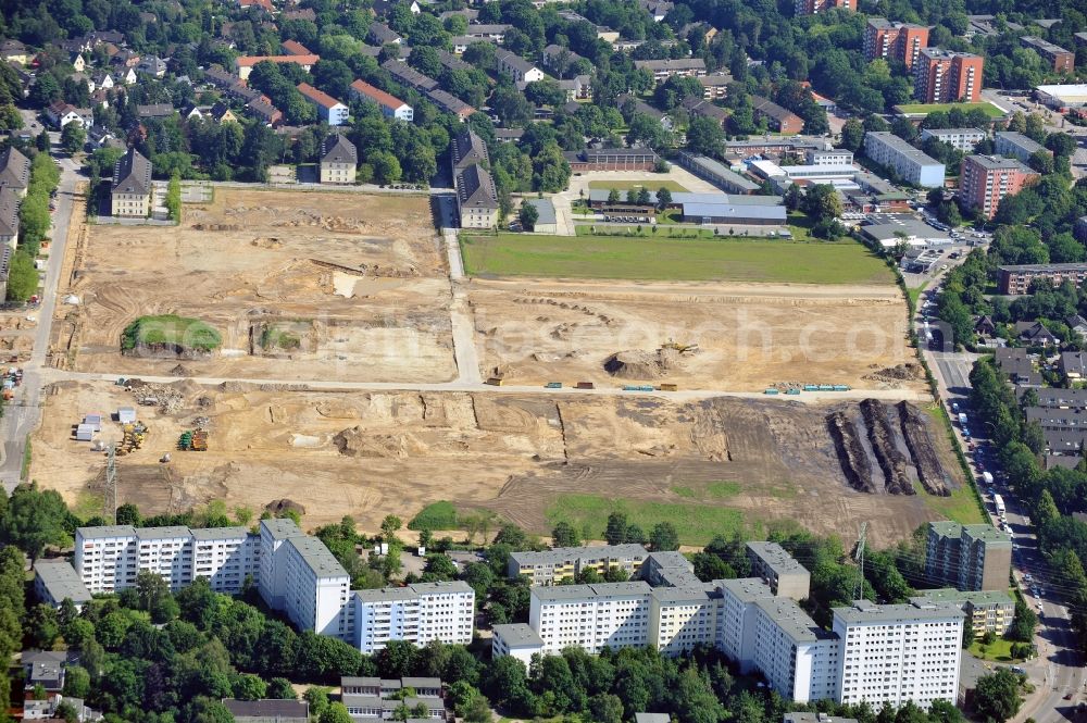 Aerial photograph Hamburg - View of construction / development on the former site of Lettow-Vorbeck Barracks in Hamburg - Jenfeld. The new residential project Jenfelder Au with over 700 apartments currently one of the largest planned urban neighborhoods of the City