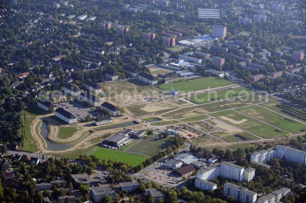 Hamburg Jenfeld from above - View of construction / development on the former site of Lettow-Vorbeck Barracks in Hamburg - Jenfeld. The new residential project Jenfelder Au with over 700 apartments currently one of the largest planned urban neighborhoods of the City