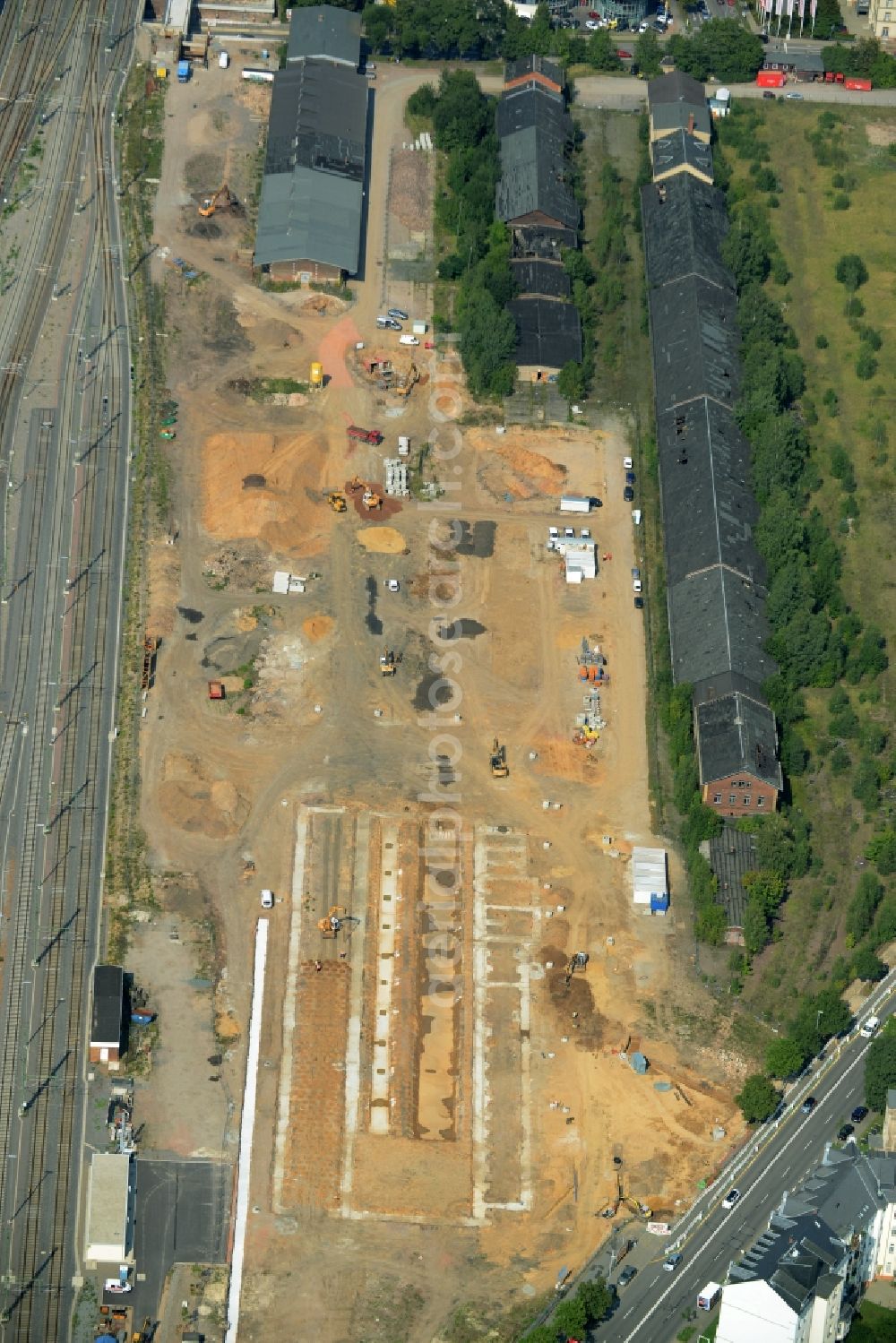 Aerial image Chemnitz - Construction work at a rail track and overhead wiring harness in the route network of the Deutsche Bahn at the main station in Chemnitz in the state Saxony