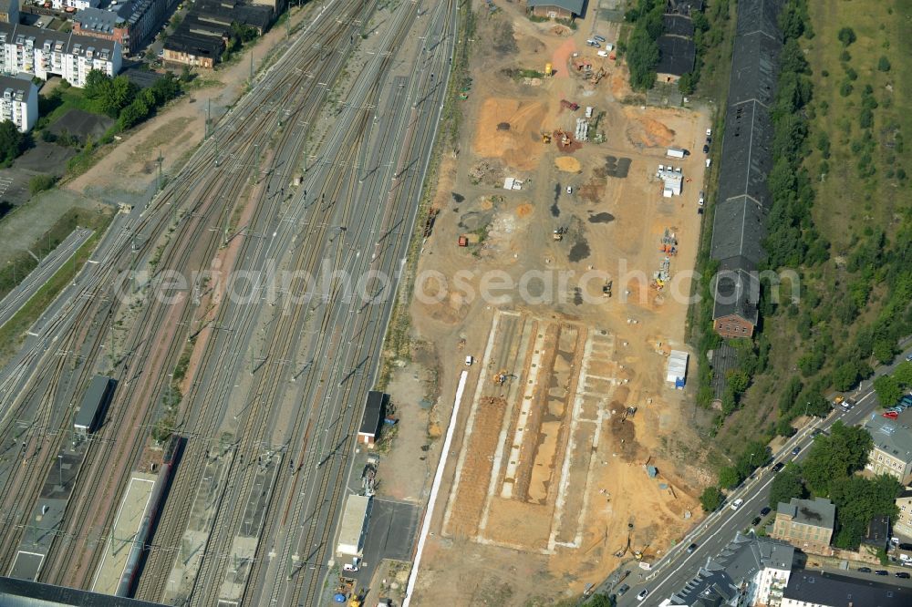 Aerial photograph Chemnitz - Construction work at a rail track and overhead wiring harness in the route network of the Deutsche Bahn at the main station in Chemnitz in the state Saxony
