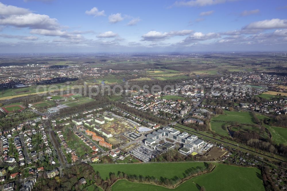 Aerial image Hamm - View of the construction site for the new build Campus Hamm of the Hochschule Hamm-Lippstadt in the state North Rhine-Westphalia. At Marker Allee on the banks of the river Ahse new buildings to be used as auditoriums, seminar rooms, media center, canteen and office space are being developed, overseen by architect firm pbr Planungsbuero Rohling AG