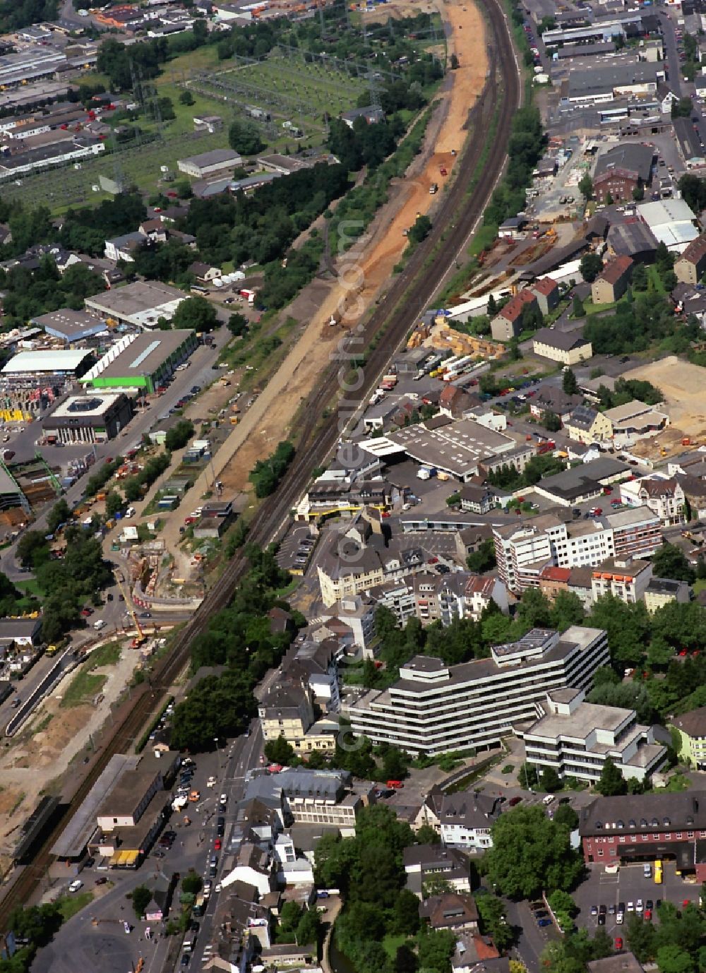 Siegburg from above - Construction works on the high-speed rail line Cologne - Rhine-Main at the section between Troisdorf and Siegburg in the state North Rhine-Westphalia. The construction work at the future site of the Siegburg-Bonn station is still in the beginnings in July of 1998