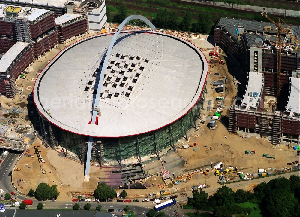 Köln from the bird's eye view: View of construction works at the site of the event hall LANXESS arena ( formerly Koelnarena ) in Cologne in the state North Rhine-Westphalia. The multifunction hall is mainly used for concerts and high profile athletic competitions in the field of hockey, handball and boxing. Operator of the venue is the Arena Management GmbH