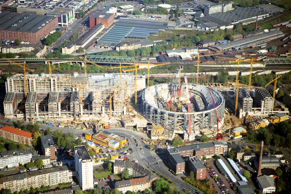 Aerial image Köln - View of construction works at the site of the event hall LANXESS arena ( formerly Koelnarena ) in Cologne in the state North Rhine-Westphalia. The multifunction hall is mainly used for concerts and high profile athletic competitions in the field of hockey, handball and boxing. Operator of the venue is the Arena Management GmbH