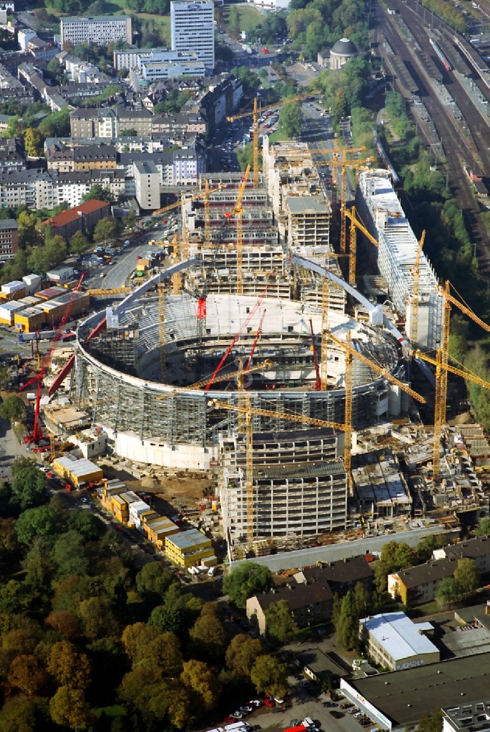 Köln from above - View of construction works at the site of the event hall LANXESS arena ( formerly Koelnarena ) in Cologne in the state North Rhine-Westphalia. The multifunction hall is mainly used for concerts and high profile athletic competitions in the field of hockey, handball and boxing. Operator of the venue is the Arena Management GmbH