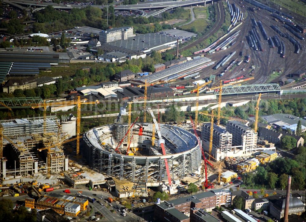 Köln from the bird's eye view: View of construction works at the site of the event hall LANXESS arena ( formerly Koelnarena ) in Cologne in the state North Rhine-Westphalia. The multifunction hall is mainly used for concerts and high profile athletic competitions in the field of hockey, handball and boxing. Operator of the venue is the Arena Management GmbH