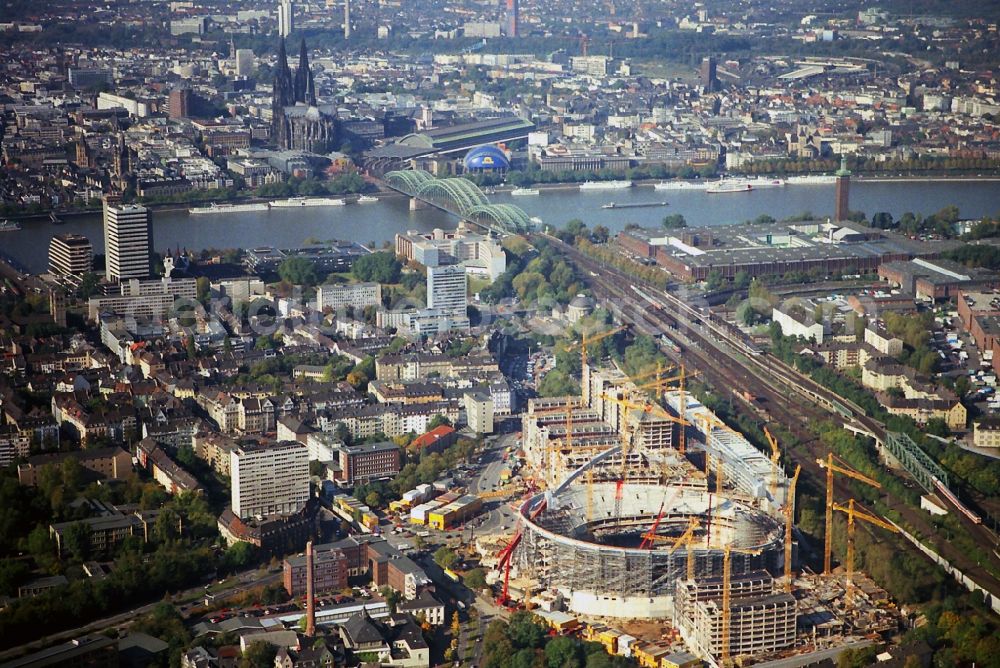 Aerial image Köln - View of construction works at the site of the event hall LANXESS arena ( formerly Koelnarena ) in Cologne in the state North Rhine-Westphalia. The multifunction hall is mainly used for concerts and high profile athletic competitions in the field of hockey, handball and boxing. Operator of the venue is the Arena Management GmbH