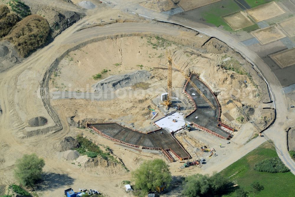 Aerial image Berlin - Construction work for a new stage on site of the IGA 2017 in the district of Marzahn-Hellersdorf in Berlin. The heart of the International gerden exibition will be the Gaerten der Welt. The open air stage is being built near the main entrance on Blumberger Damm