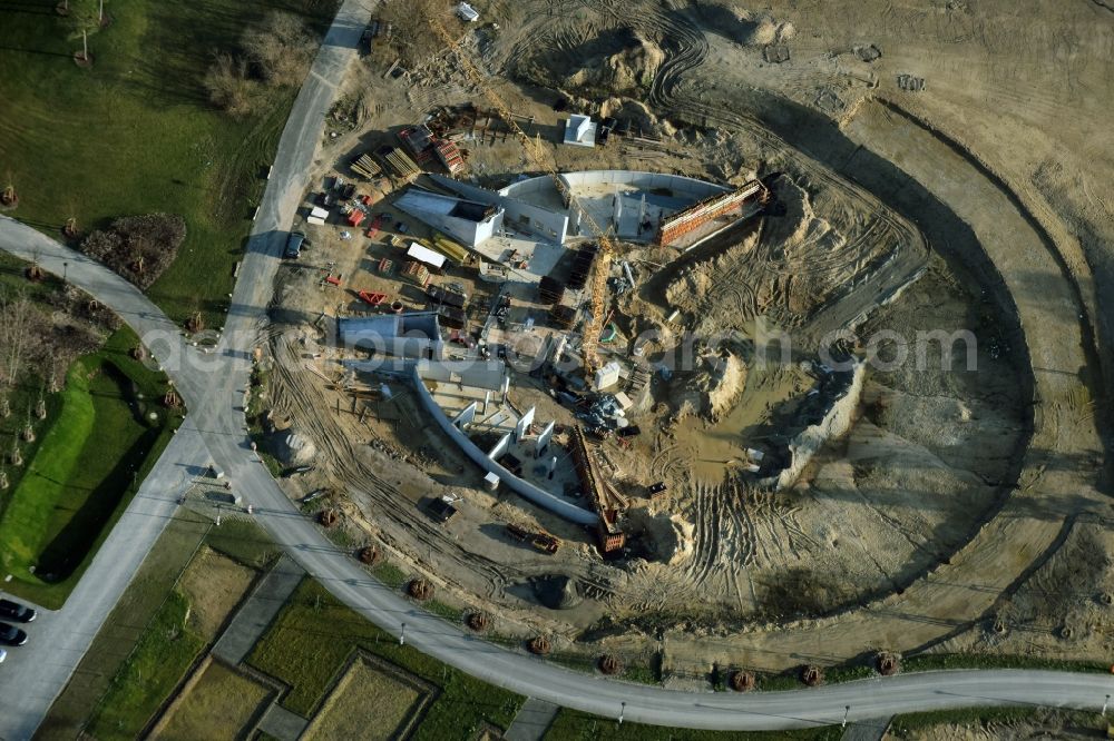 Aerial photograph Berlin - Construction work for a new stage on site of the IGA 2017 in the district of Marzahn-Hellersdorf in Berlin. The heart of the International gerden exibition will be the Gaerten der Welt. The open air stage is being built near the main entrance on Blumberger Damm