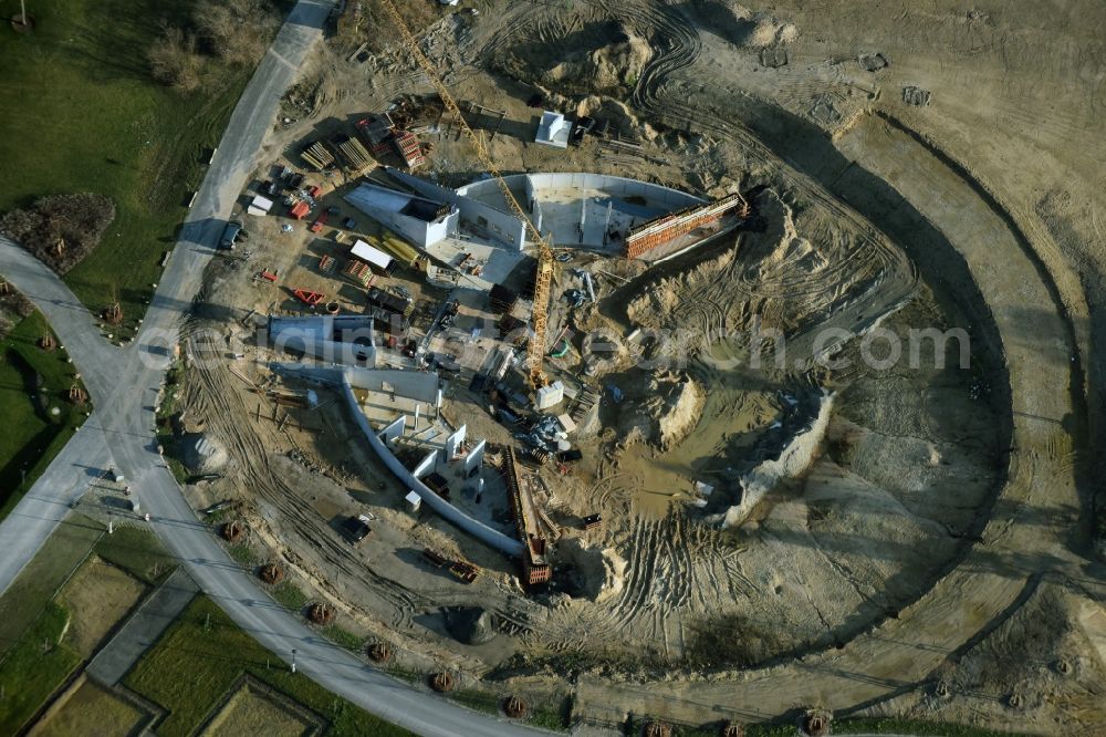 Berlin from above - Construction work for a new stage on site of the IGA 2017 in the district of Marzahn-Hellersdorf in Berlin. The heart of the International gerden exibition will be the Gaerten der Welt. The open air stage is being built near the main entrance on Blumberger Damm