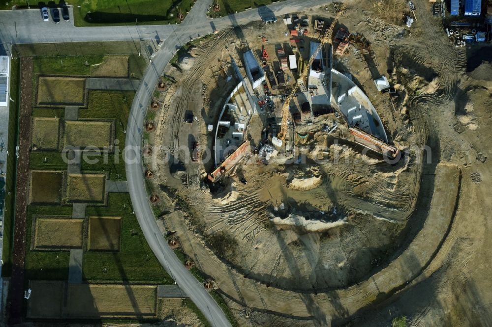 Aerial image Berlin - Construction work for a new stage on site of the IGA 2017 in the district of Marzahn-Hellersdorf in Berlin. The heart of the International gerden exibition will be the Gaerten der Welt. The open air stage is being built near the main entrance on Blumberger Damm