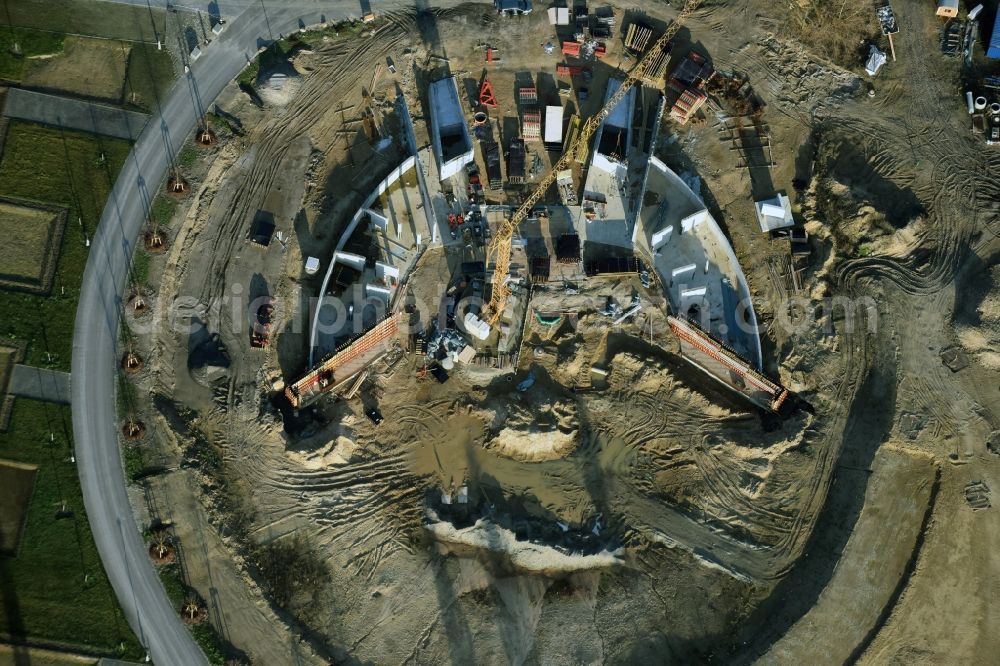 Aerial photograph Berlin - Construction work for a new stage on site of the IGA 2017 in the district of Marzahn-Hellersdorf in Berlin. The heart of the International gerden exibition will be the Gaerten der Welt. The open air stage is being built near the main entrance on Blumberger Damm