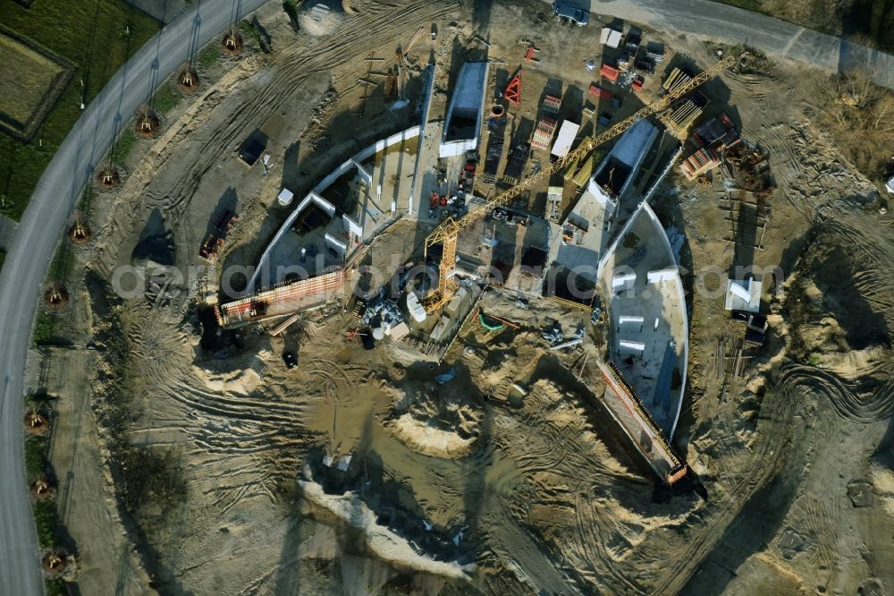 Berlin from above - Construction work for a new stage on site of the IGA 2017 in the district of Marzahn-Hellersdorf in Berlin. The heart of the International gerden exibition will be the Gaerten der Welt. The open air stage is being built near the main entrance on Blumberger Damm