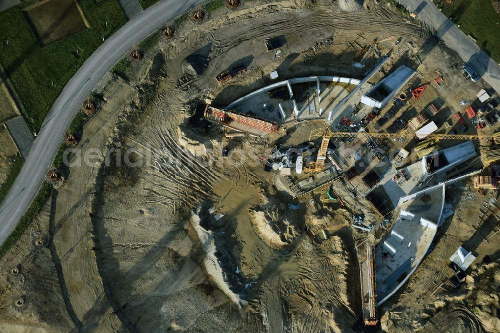 Berlin from the bird's eye view: Construction work for a new stage on site of the IGA 2017 in the district of Marzahn-Hellersdorf in Berlin. The heart of the International gerden exibition will be the Gaerten der Welt. The open air stage is being built near the main entrance on Blumberger Damm