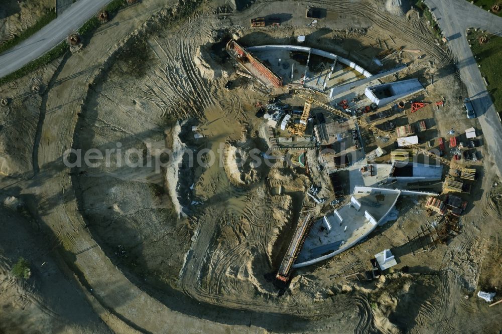 Aerial image Berlin - Construction work for a new stage on site of the IGA 2017 in the district of Marzahn-Hellersdorf in Berlin. The heart of the International gerden exibition will be the Gaerten der Welt. The open air stage is being built near the main entrance on Blumberger Damm