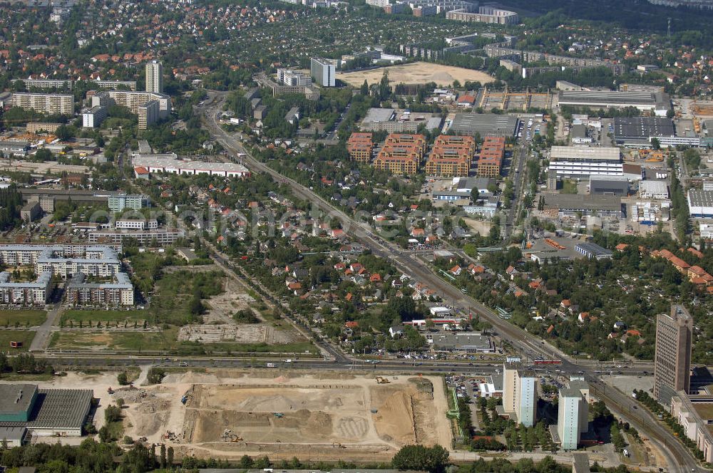 Aerial image Berlin - Blick auf die IKEA-Baufläche an der Landsberger Allee Ecke Rhinstrasse in Berlin Hohenschönhausen. Nach dem Abriß der alten Großhandelslagerhallen aus DDR-Zeiten und Beräumung des Geländes an der Ferdinand-Schulze-Strasse sind derzeit die Tiefbauvorbereitungsarbeiten für ein neues Einrichtungshaus im vollem Gange. Ebenfalls für im laufenden Jahr ist der Start der eigentlichen Bauarbeiten zur Errichtung des Rohbaus zu erwarten. Die erforderlichen Genehmigungsprozeduren sollen demnächst abgeschlossen sein.