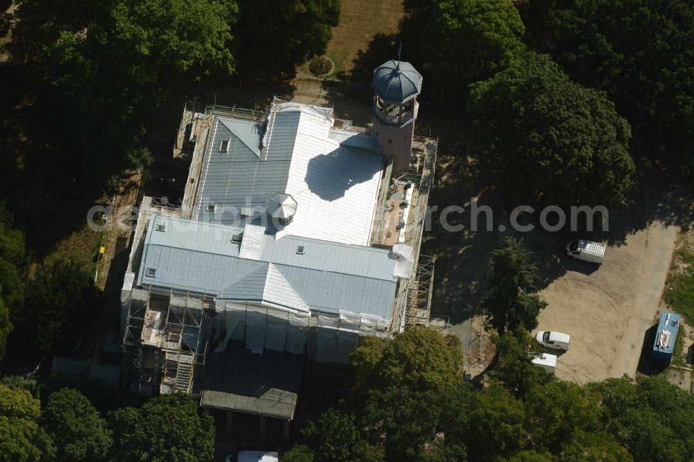 Berlin from above - Construction works during preparation of the IGA 2017 at Biesdorf Castle in the district of Marzahn-Hellersdorf in Berlin in Germany. The castle is being refurbished and renovated