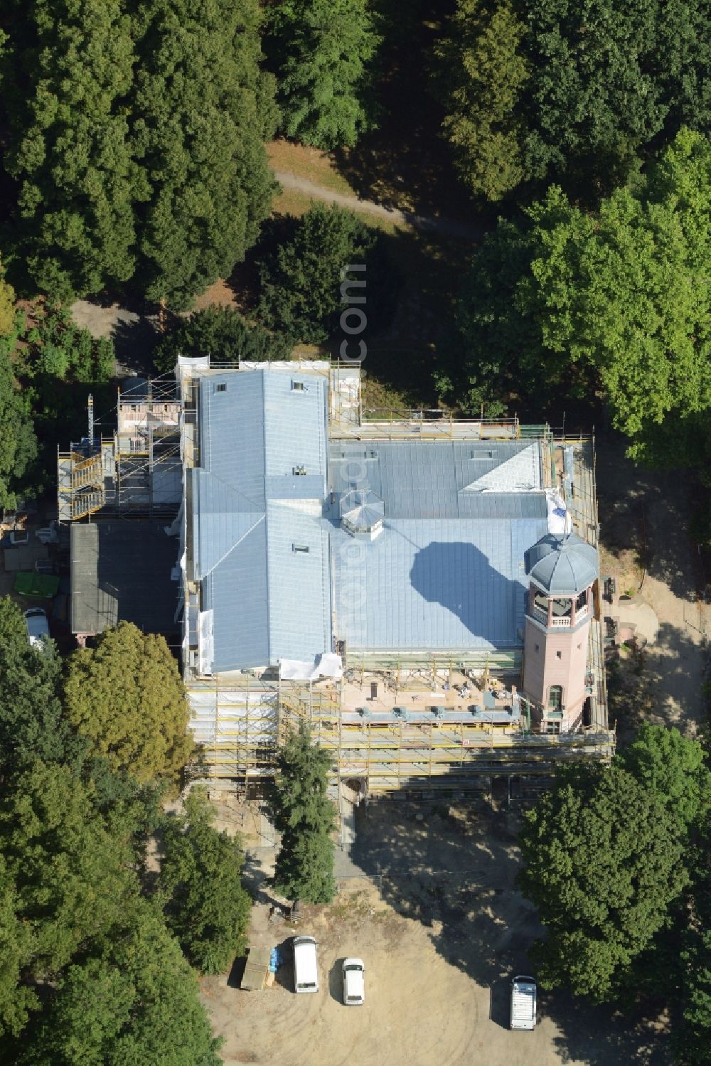 Aerial image Berlin - Construction works during preparation of the IGA 2017 at Biesdorf Castle in the district of Marzahn-Hellersdorf in Berlin in Germany. The castle is being refurbished and renovated