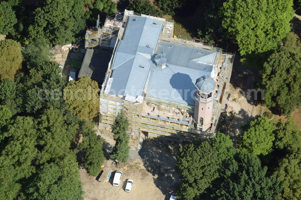 Aerial photograph Berlin - Construction works during preparation of the IGA 2017 at Biesdorf Castle in the district of Marzahn-Hellersdorf in Berlin in Germany. The castle is being refurbished and renovated