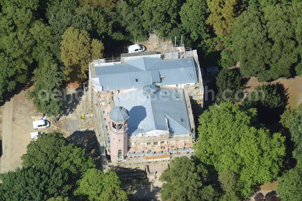 Berlin from above - Construction works during preparation of the IGA 2017 at Biesdorf Castle in the district of Marzahn-Hellersdorf in Berlin in Germany. The castle is being refurbished and renovated