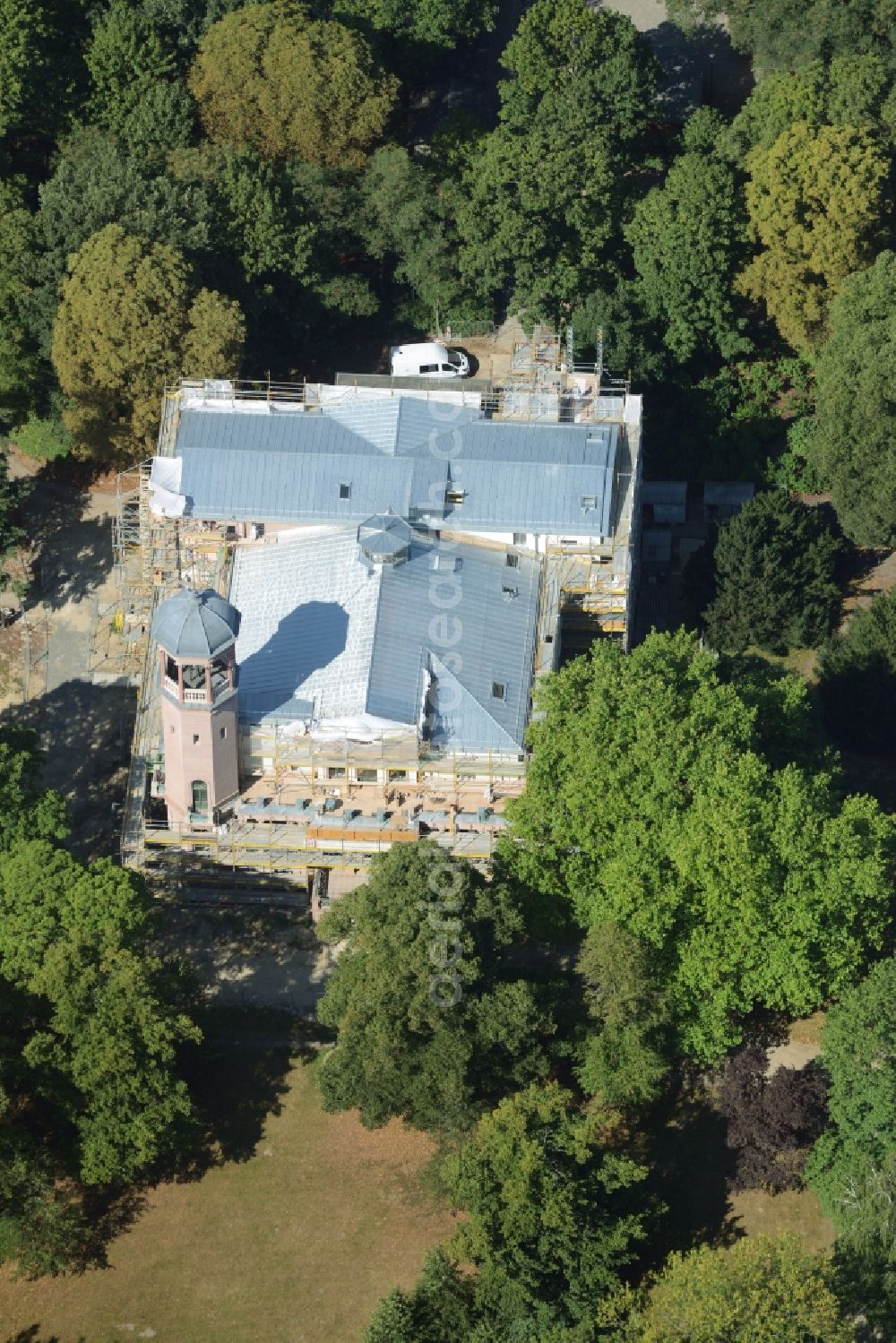 Berlin from the bird's eye view: Construction works during preparation of the IGA 2017 at Biesdorf Castle in the district of Marzahn-Hellersdorf in Berlin in Germany. The castle is being refurbished and renovated