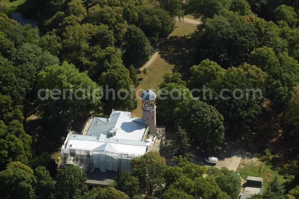 Aerial image Berlin - Construction works during preparation of the IGA 2017 at Biesdorf Castle in the district of Marzahn-Hellersdorf in Berlin in Germany. The castle is being refurbished and renovated