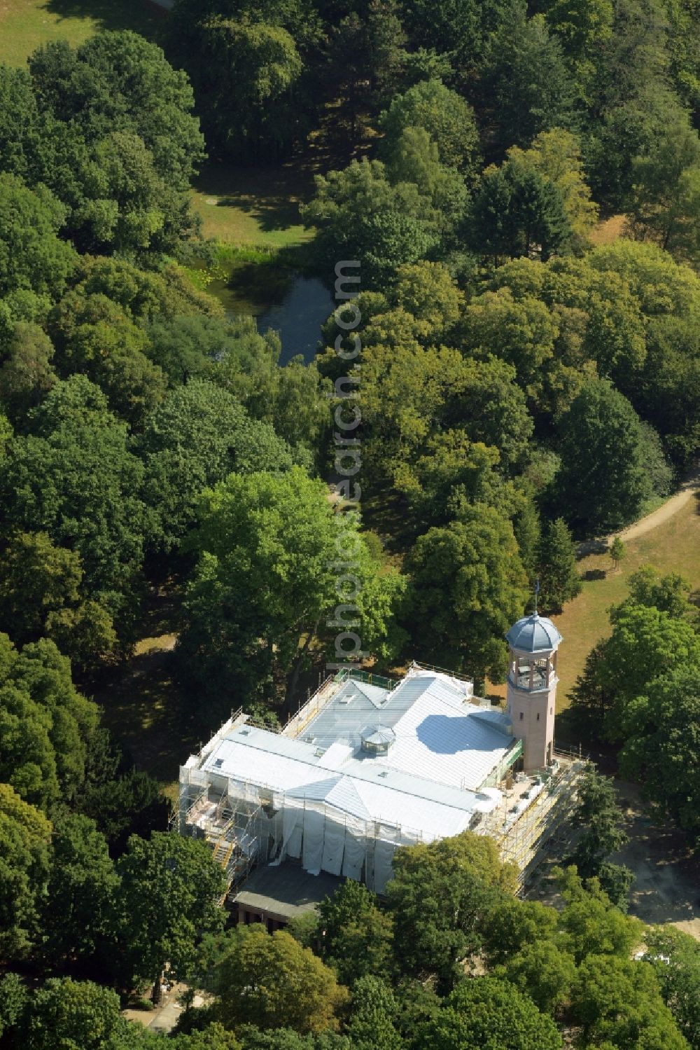 Aerial photograph Berlin - Construction works during preparation of the IGA 2017 at Biesdorf Castle in the district of Marzahn-Hellersdorf in Berlin in Germany. The castle is being refurbished and renovated