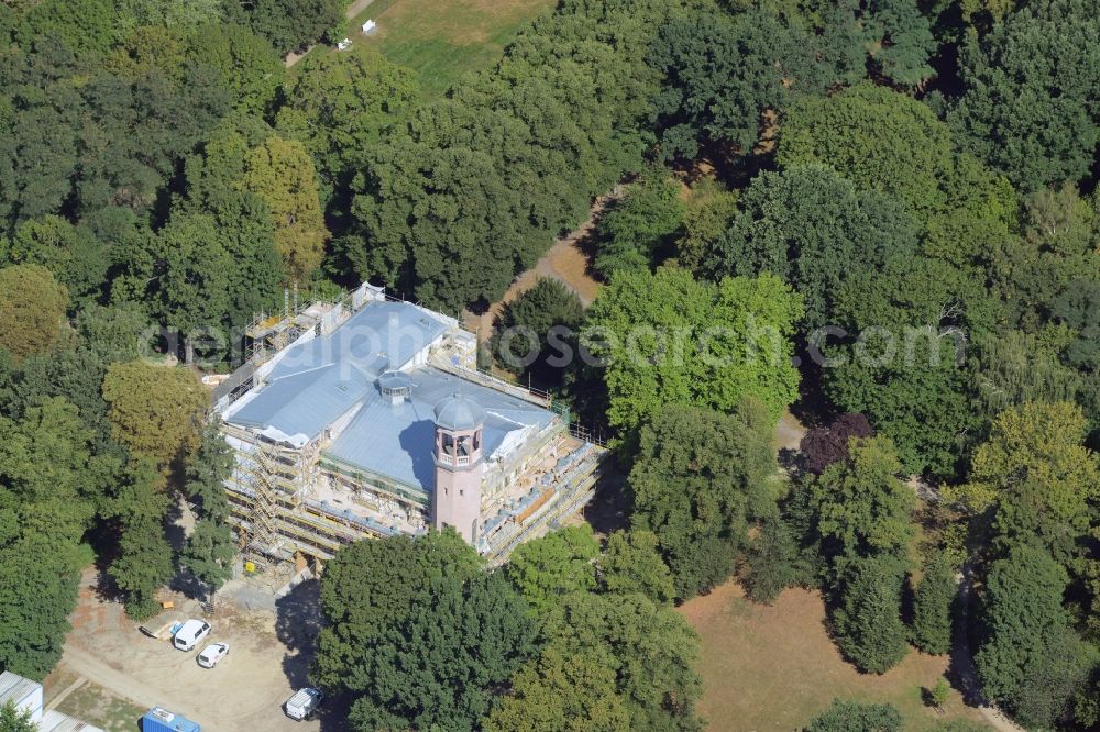 Aerial image Berlin - Construction works during preparation of the IGA 2017 at Biesdorf Castle in the district of Marzahn-Hellersdorf in Berlin in Germany. The castle is being refurbished and renovated