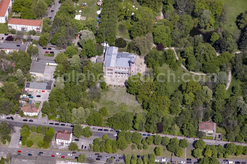 Aerial image Berlin - Construction works during preparation of the IGA 2017 at Biesdorf Castle in the district of Marzahn-Hellersdorf in Berlin in Germany. The castle is being refurbished and renovated